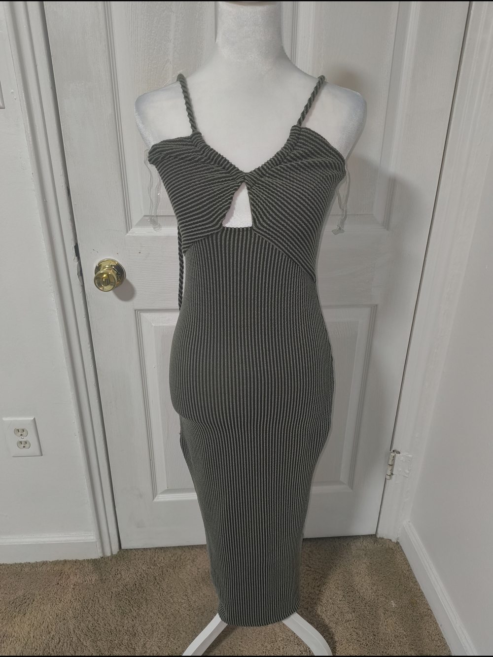 Ribbed Twist-Front Midi Dress in Olive Green